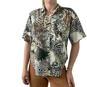 Vintage 90s Womens Big Cat Jungle Cotton Short Sleeve Button Down Blouse Sz M